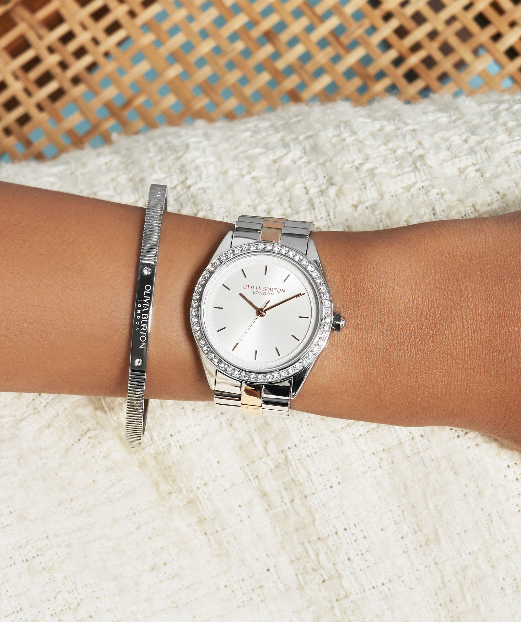 34mm Bejewelled Silver Two Tone Bracelet Watch