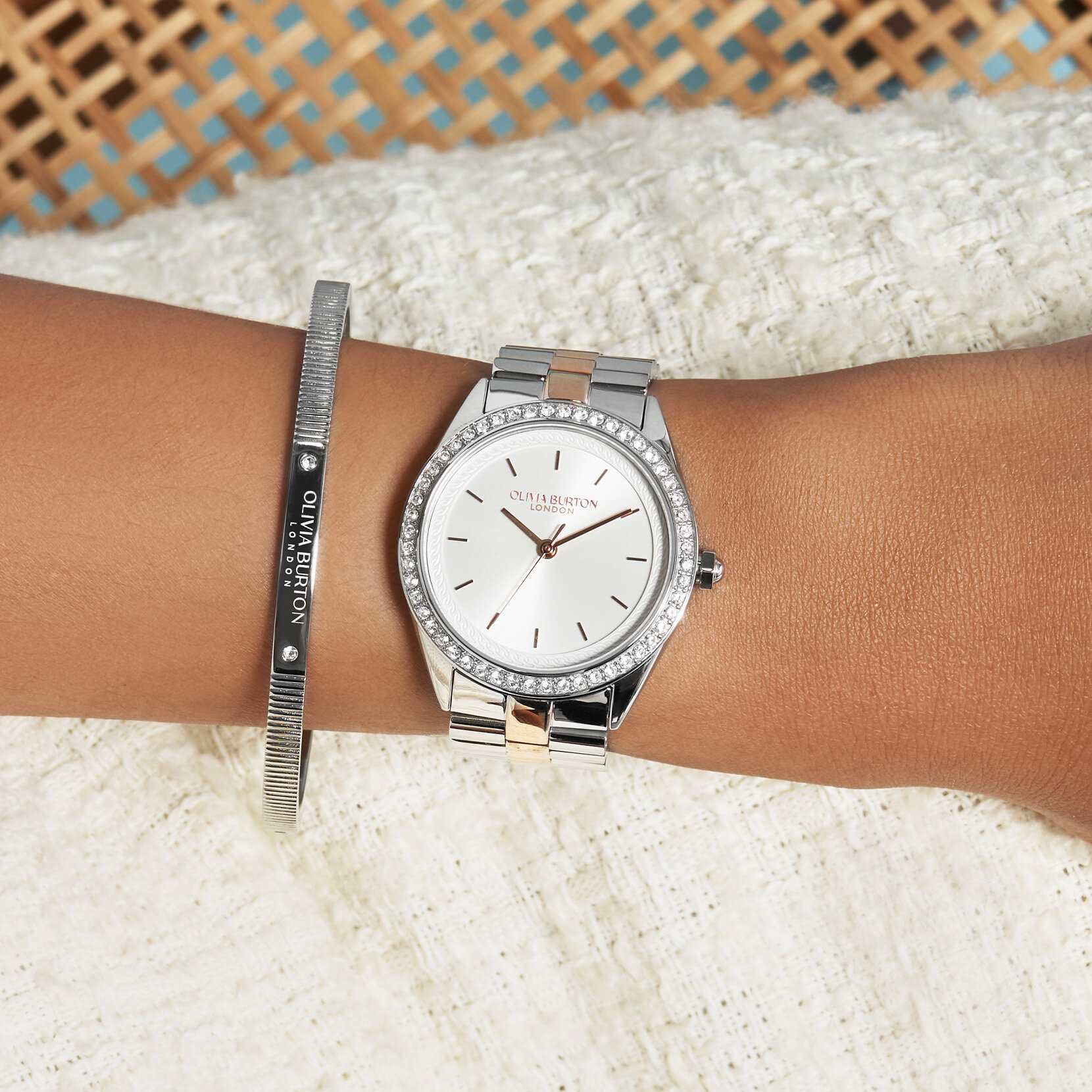 34mm Bejewelled Silver & Two Tone Bracelet Watch