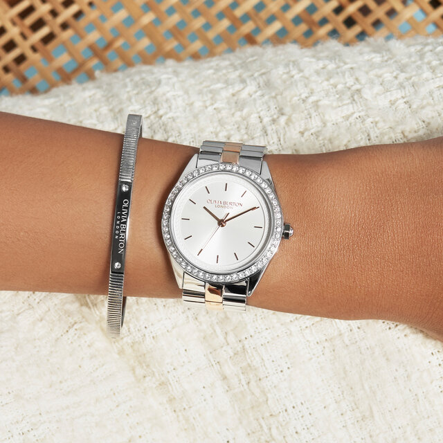 34mm Bejewelled Silver & Two Tone Bracelet Watch