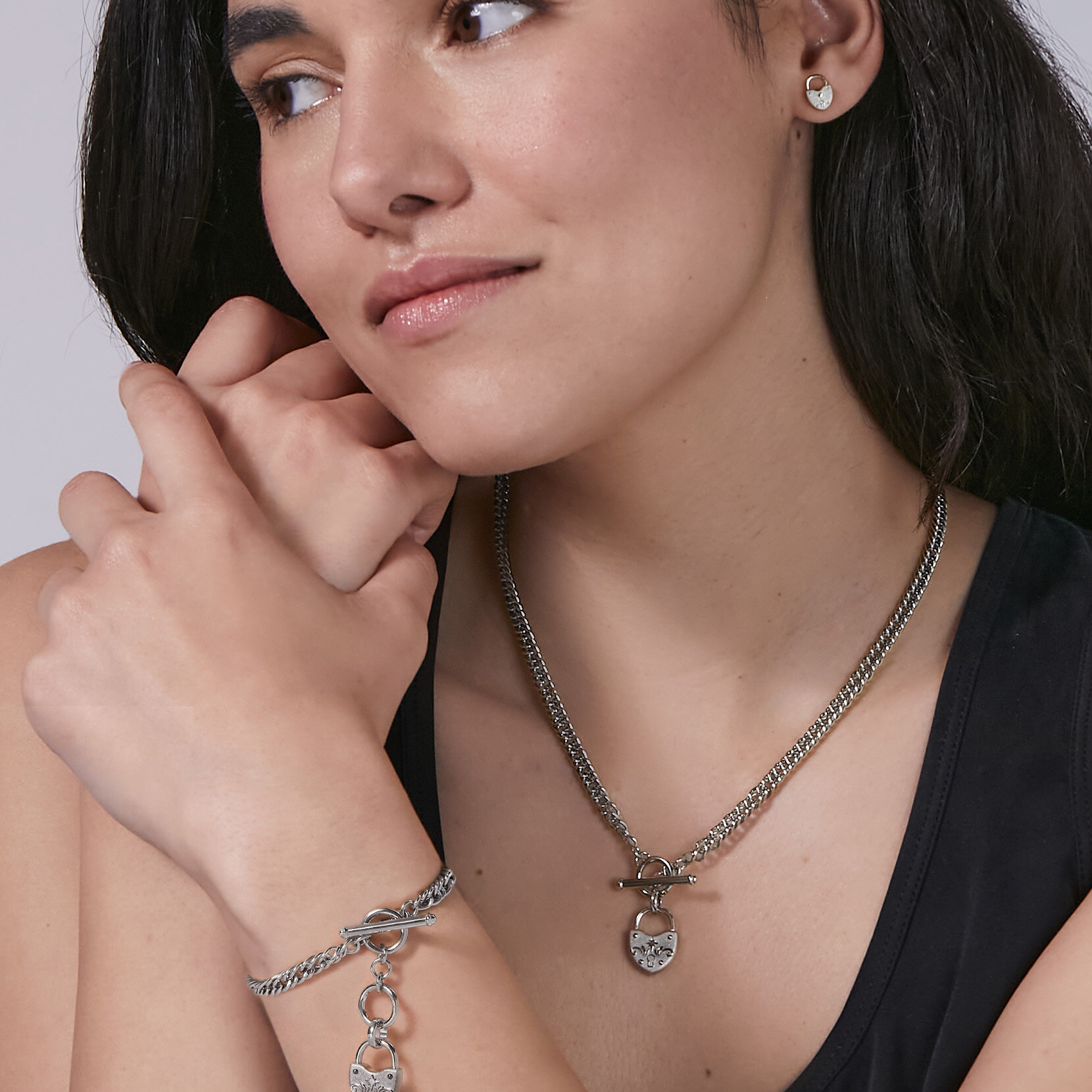 Lock Heart Silver Tone Toggle Bracelet