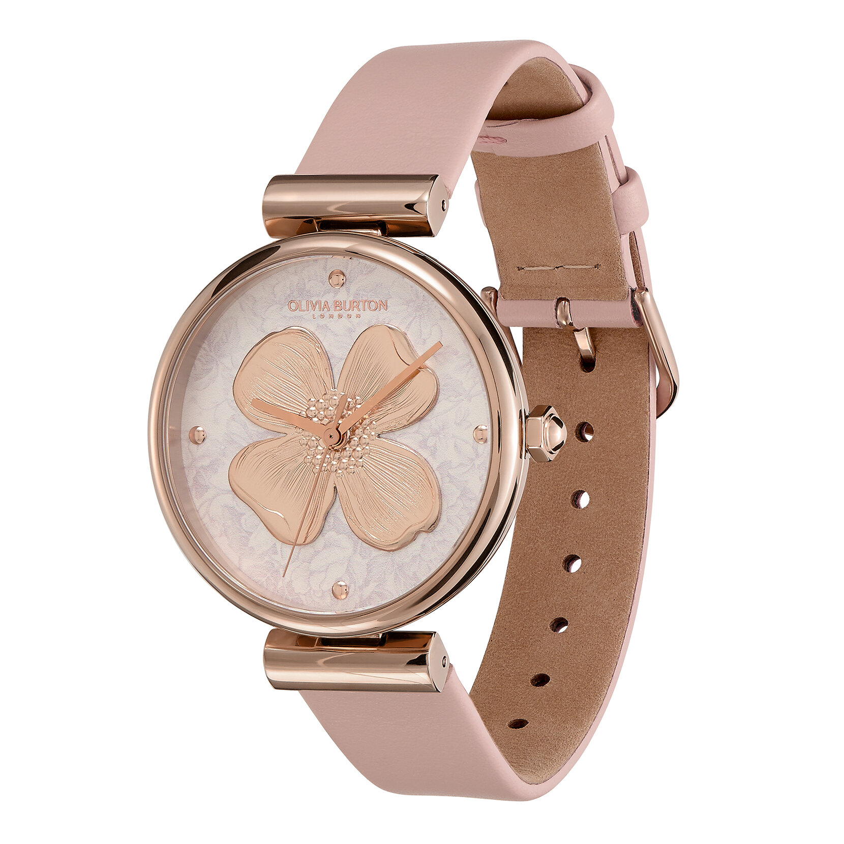 Montre Fleur de cornouiller avec fermoir en T et bracelet en cuir Or rose et Rose pastel 36 mm