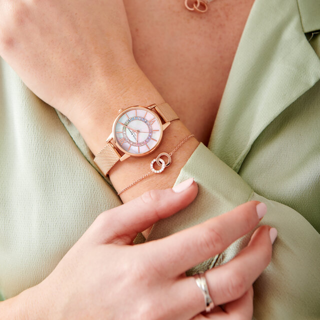 30mm Rainbow & Rose Gold Mesh Watch & Bejeweled Bracelet Gift Set