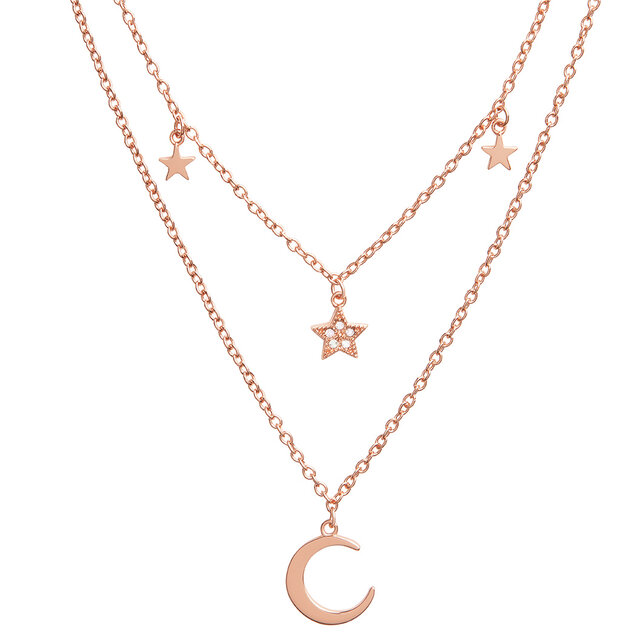Collier double Celestial croissant de lune et étoile or rose