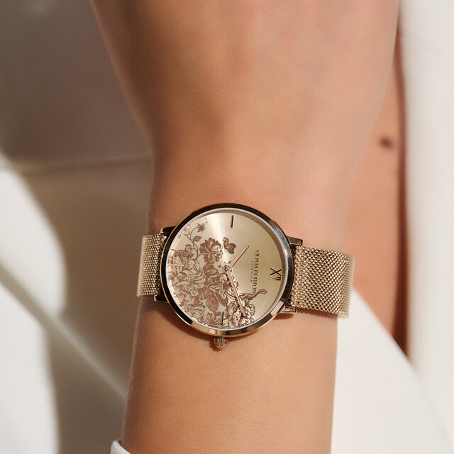 Montre Floral Blooms ultra fine avec bracelet en Rose pastel et Or rose milanais 35 mm