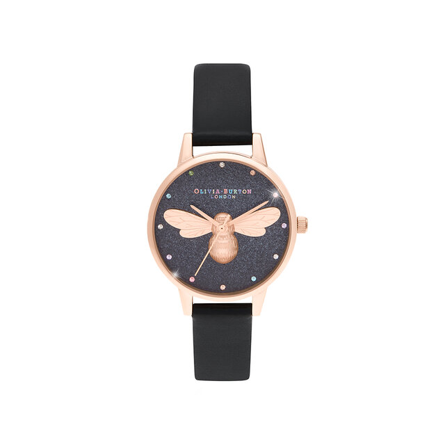 Montre charme au motif abeille arc-en-ciel demi cadran végan noir et or rose