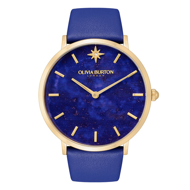 Montre à bracelet en cuir Imitation lapis-lazuli, Or et Bleu 40 mm