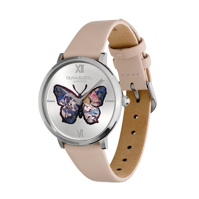 35mm Butterfly Ultra Slim Silver & Nude Leather Strap Watch