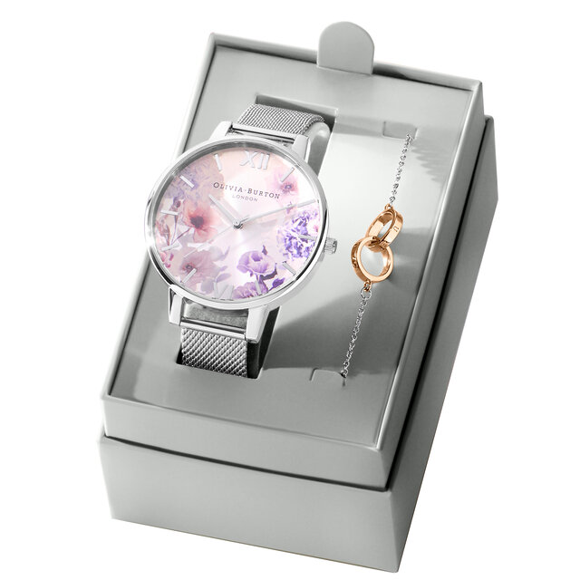 Sunlight Florals Silver Mesh Watch and Classics Silver and Rose Gold Bracelet Gift Set