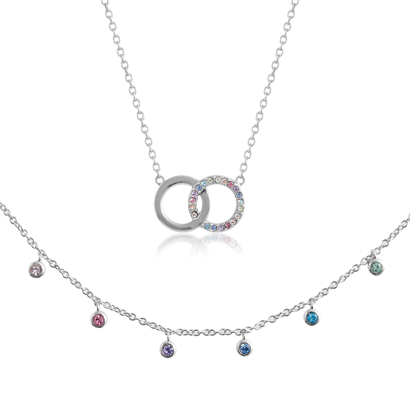 Coffret cadeau collier ras du cou et collier Interlink Rainbow argent