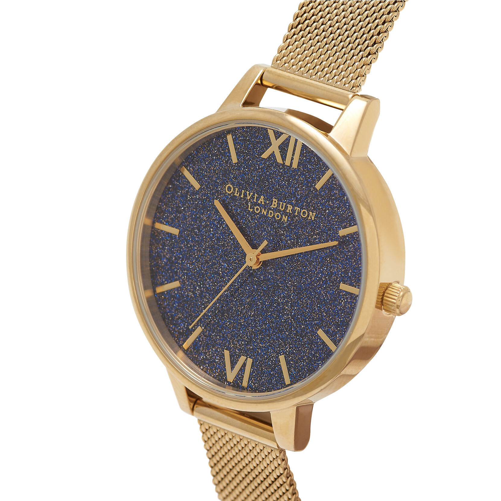 Montre à cadran intermédiaire pailleté bleu marine et bracelet milanais or
