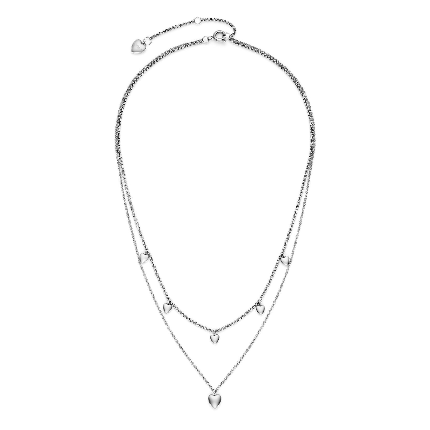 Mini Heart Silver Tone Double Chain Necklace