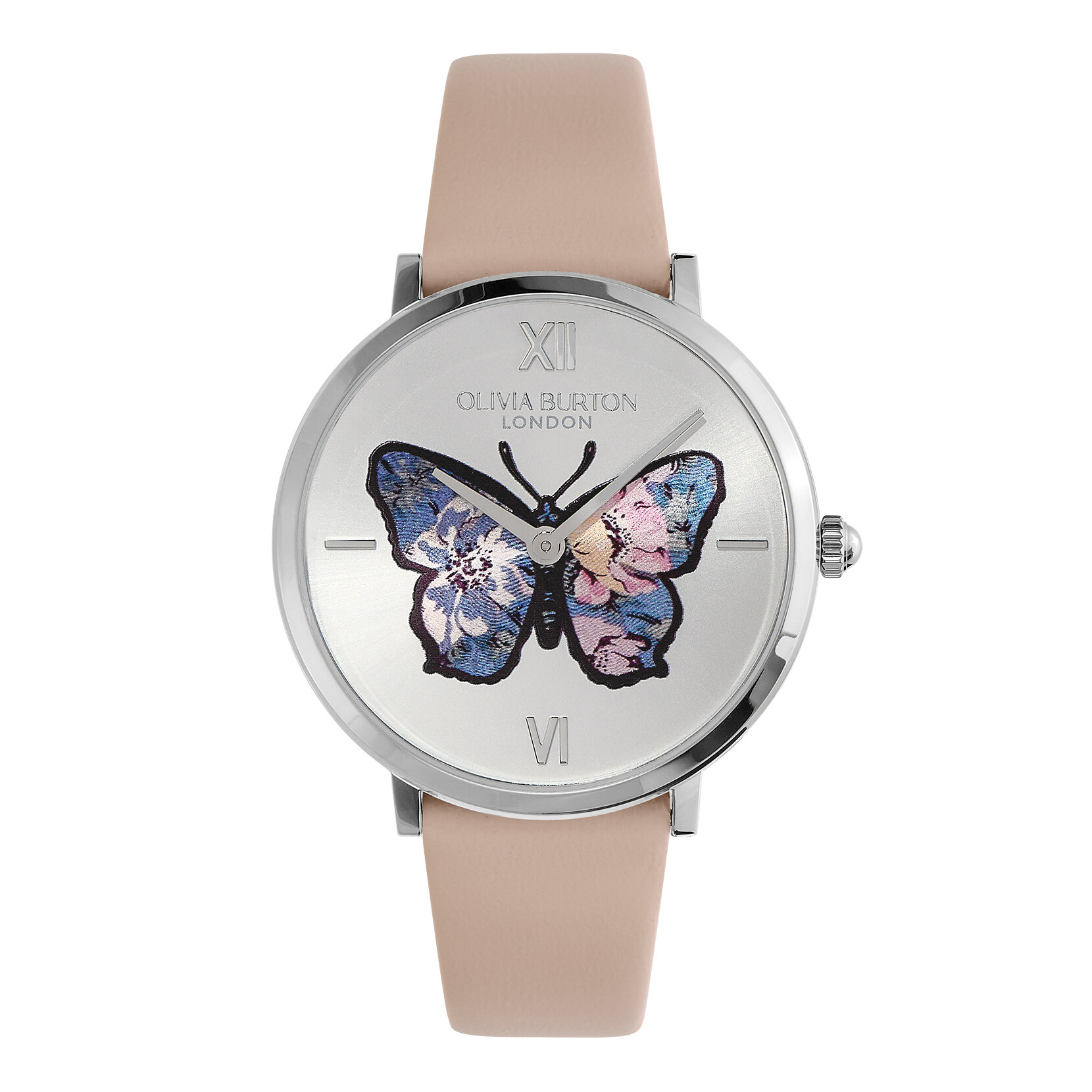 35mm Butterfly Ultra Slim Silver & Nude Leather Strap Watch