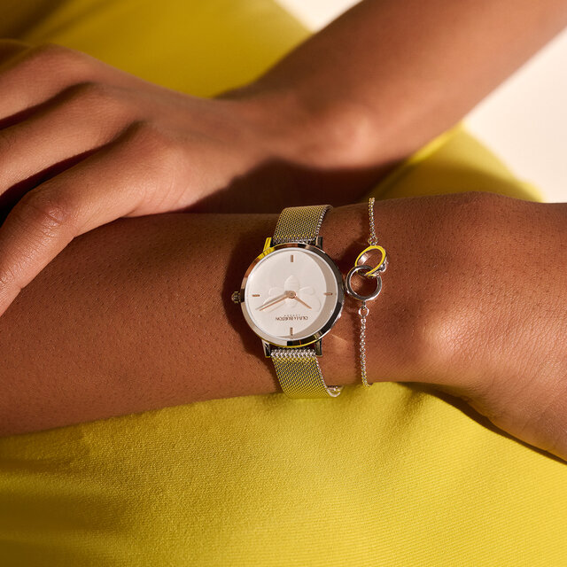28mm Bee Ultra Slim Metallic White & Silver Mesh Watch
