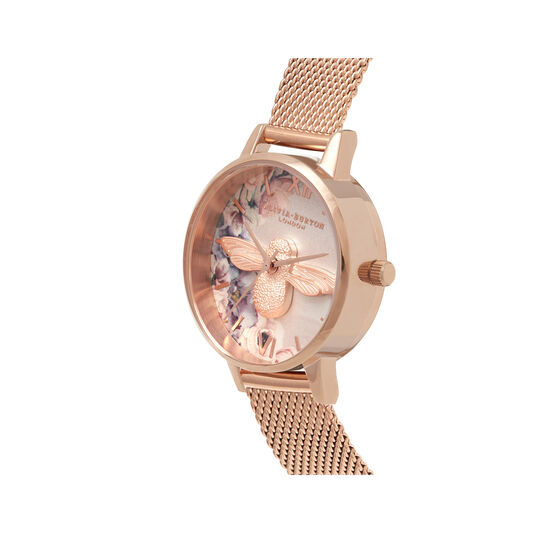 Watercolour Florals Rose Gold Mesh Watch