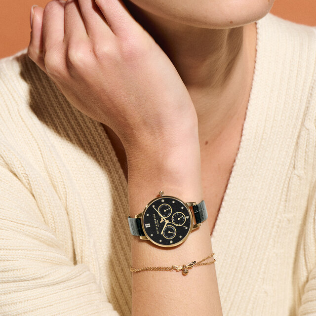 34mm Gold & Black Leather Strap Watch