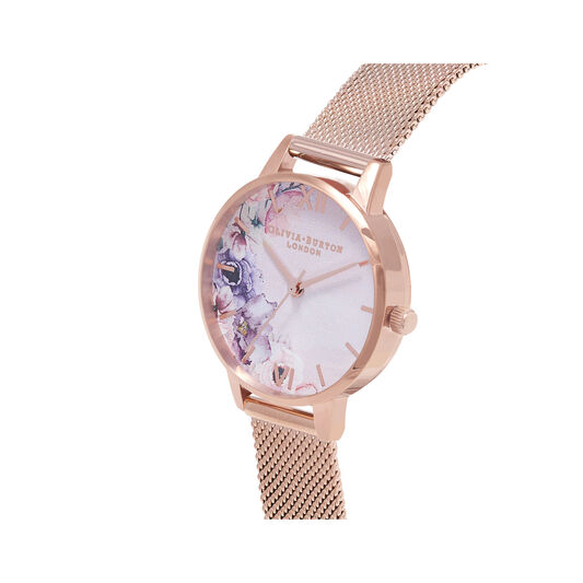 Watercolour Florals Rose Gold Mesh Watch