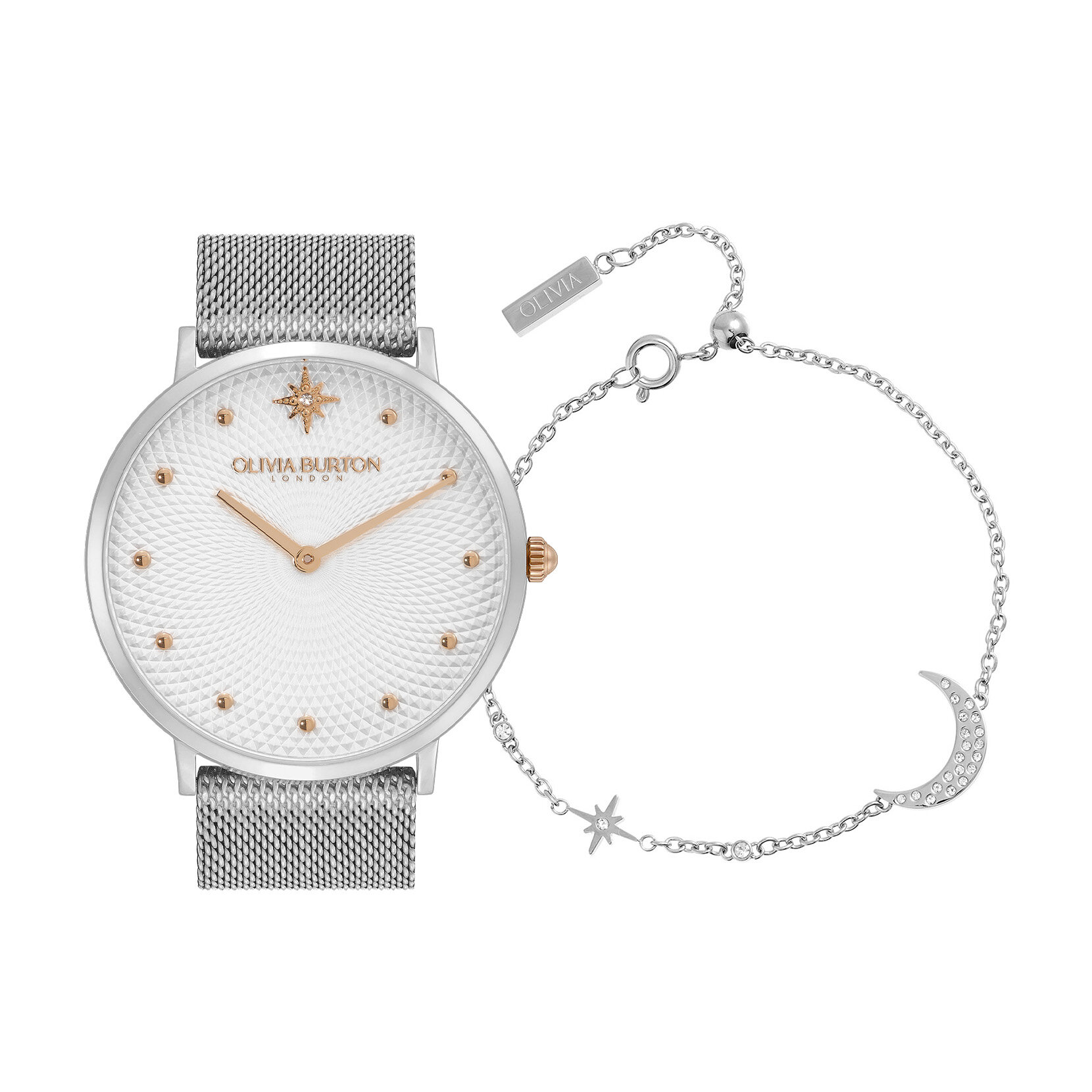 40mm Ultra Slim Silver Mesh Watch & North Star & Moon Silver Bracelet