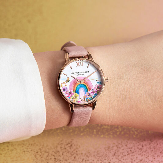 Rainbow  30mm Rose Gold & Pink Leather Strap Watch