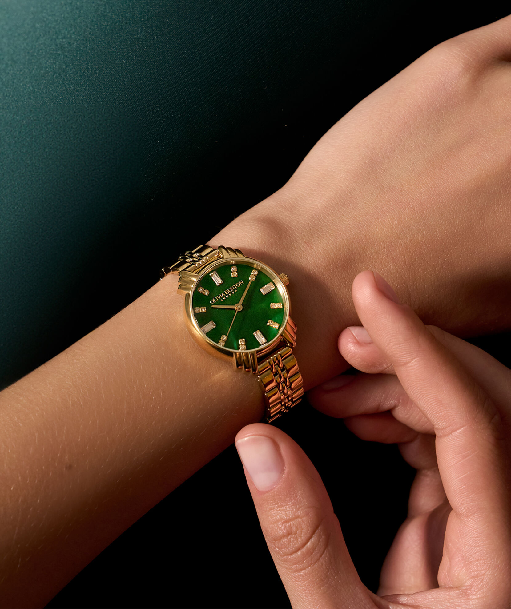 Art Deco Midi Dial Emerald Green Gold Bracelet Watch Olivia Burton London