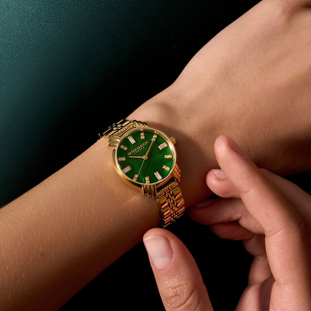 Montre Art déco à cadran midi vert émeraude et bracelet or 