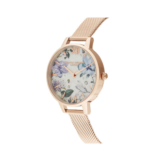 Bejewelled Florals Silver Glitter Dial & Rose Gold Mesh