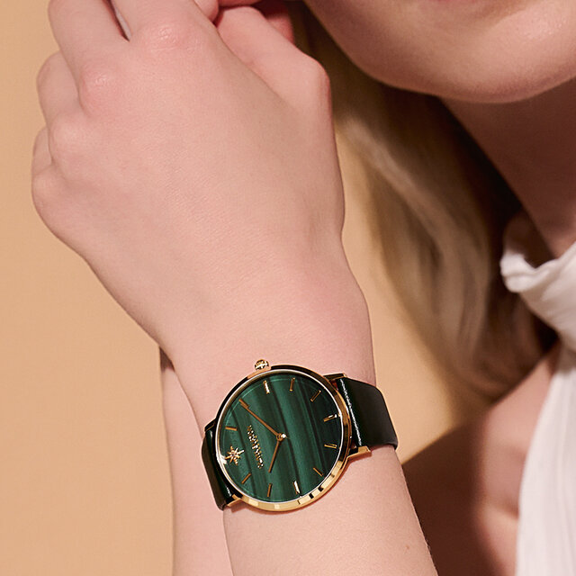 40mm Faux Malachite, Gold & Green Leather Strap Watch