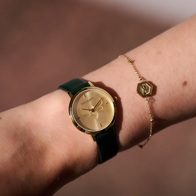 28mm Bee Ultra Slim Gold & Green Leather Strap Watch & Minima Bee Bracelet Gift Set