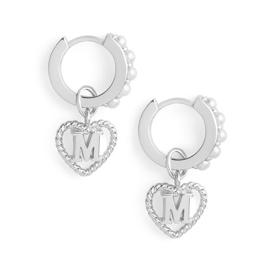 Faux Pearl Heart Initial Huggie Hoop Silver