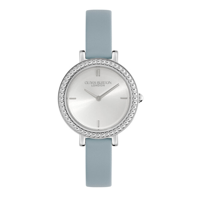 Montre Vintage Perlée Argent & Bracelet en Cuir Bleu Fumé 30 mm