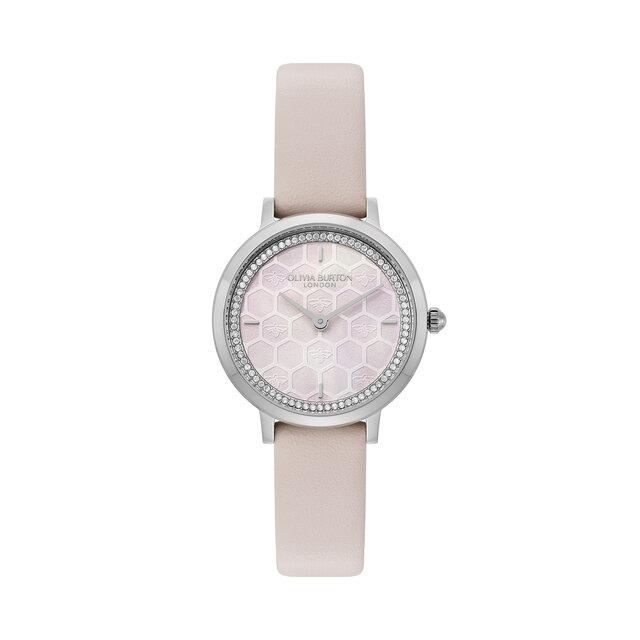 Montre Honeycomb Ultra Fine & Bracelet Cuir Rose Primrose & Argenté 28mm