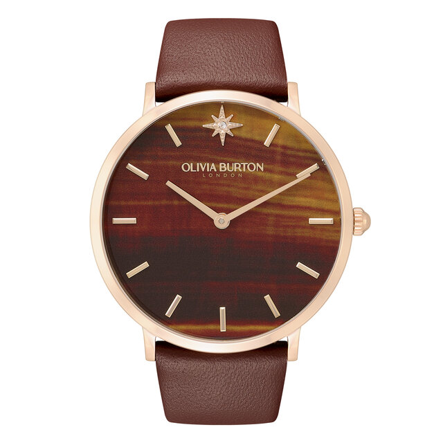 40mm Faux Tiger's Eye, Carnation Gold & Brown Leather Strap Watch