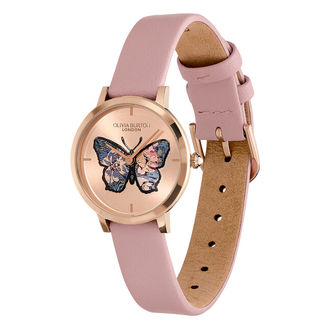 Montre Papillon Ultra Fine Or Rose & Bracelet en Cuir Rose Pâle 28 mm