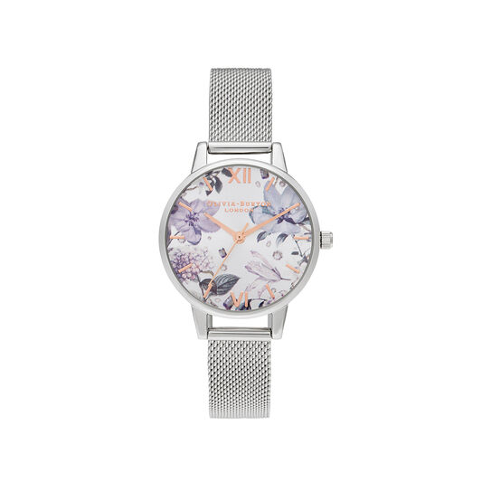 Bejewelled Florals Silver Mesh Watch