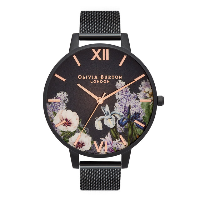 Montre Secret Garden à grand cadran et bracelet milanais noir