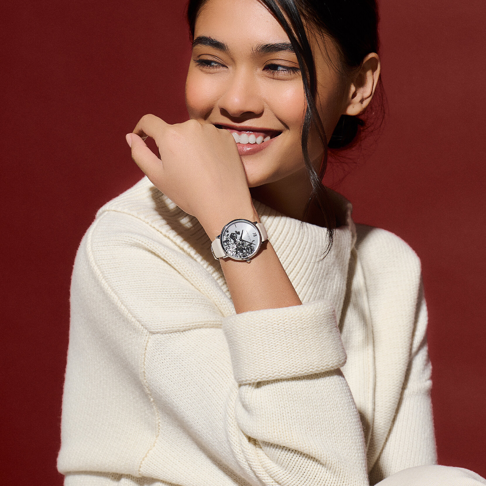 Montre Floral Blooms ultra fine avec bracelet en cuir Argent et Perle antique 35 mm