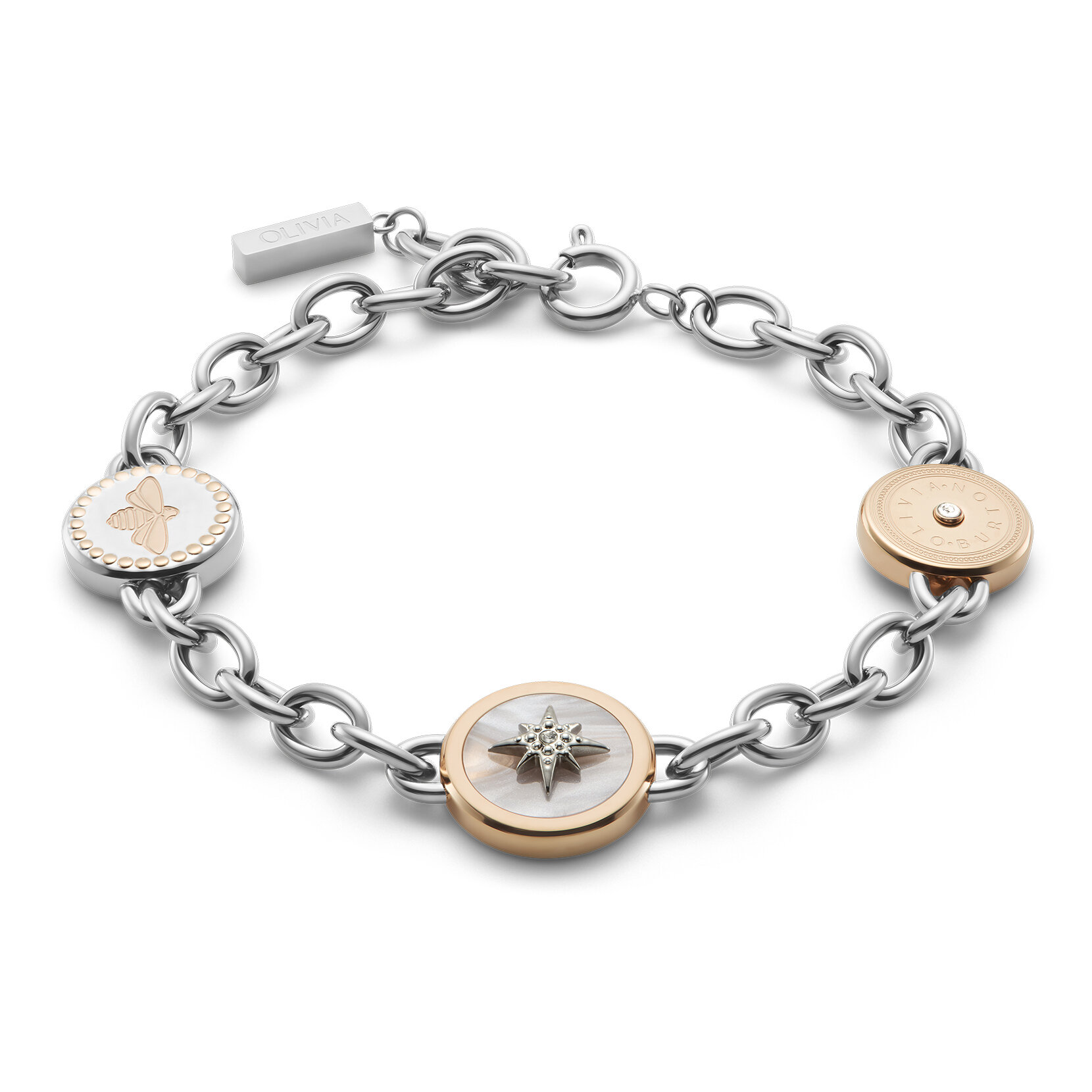 Bee and North Star Silver & Rose Gold Plated Charm Bracelet