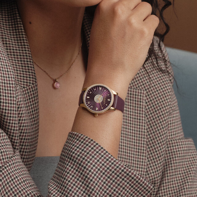 Montre Beaulieu 34 mm Or Rose et Bracelet Cuir Laqué Cerise