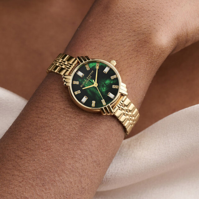Montre Art déco à cadran midi vert émeraude et bracelet or 