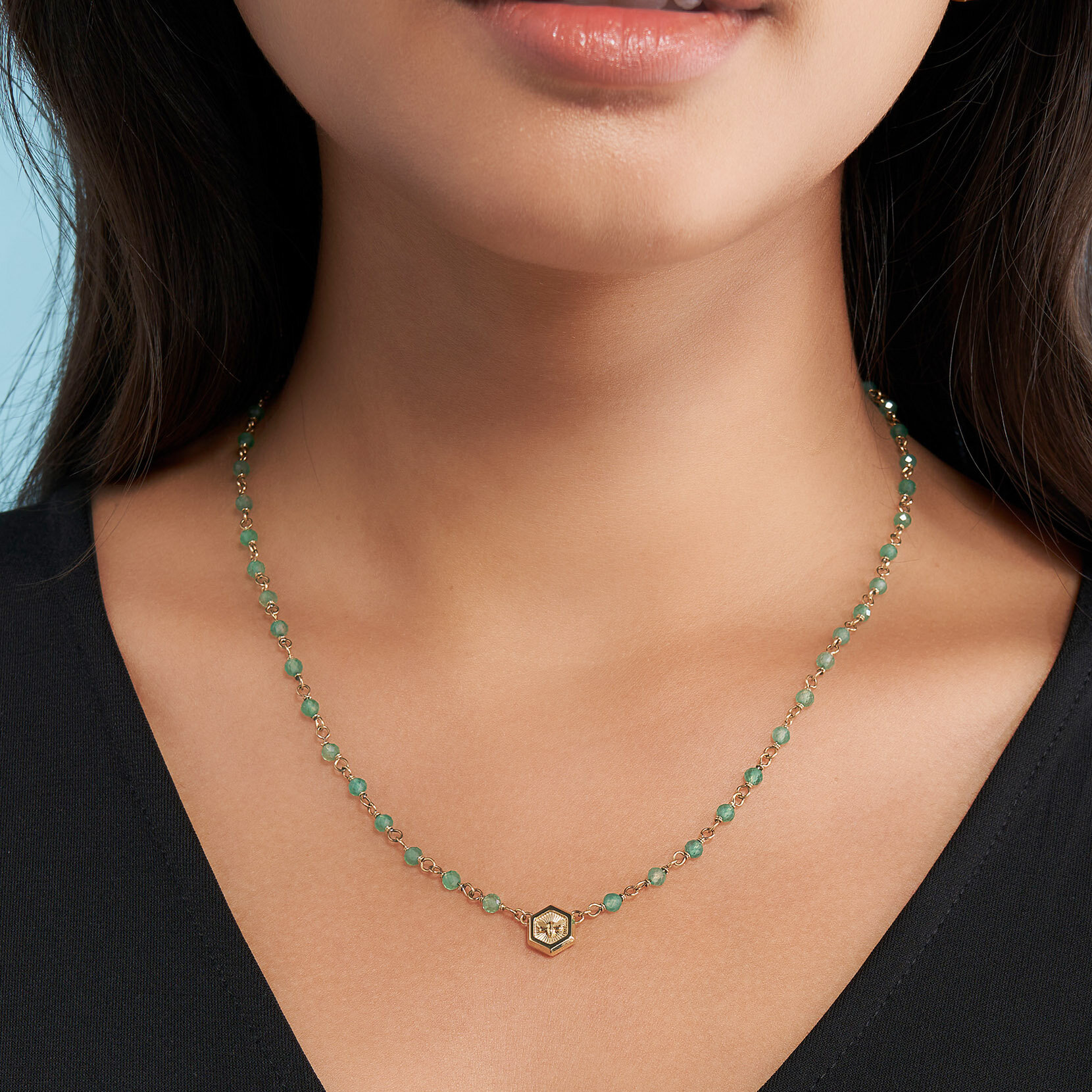 Minima Bee Green & Gold Plated Beaded Charm Necklace