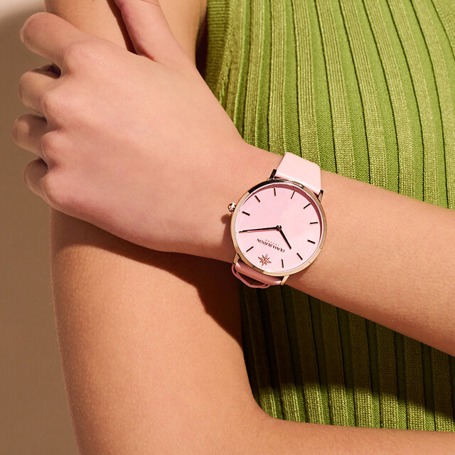 Montre à bracelet en cuir Imitation quartz rose, Or rose et Rose pastel 40 mm