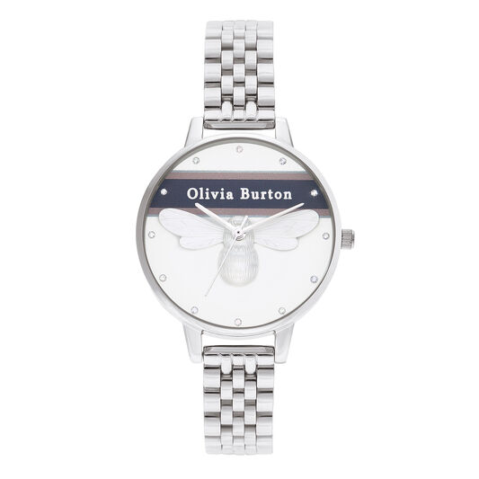 Varsity Lucky Bee, Red & Navy Stripe Silver Bracelet
