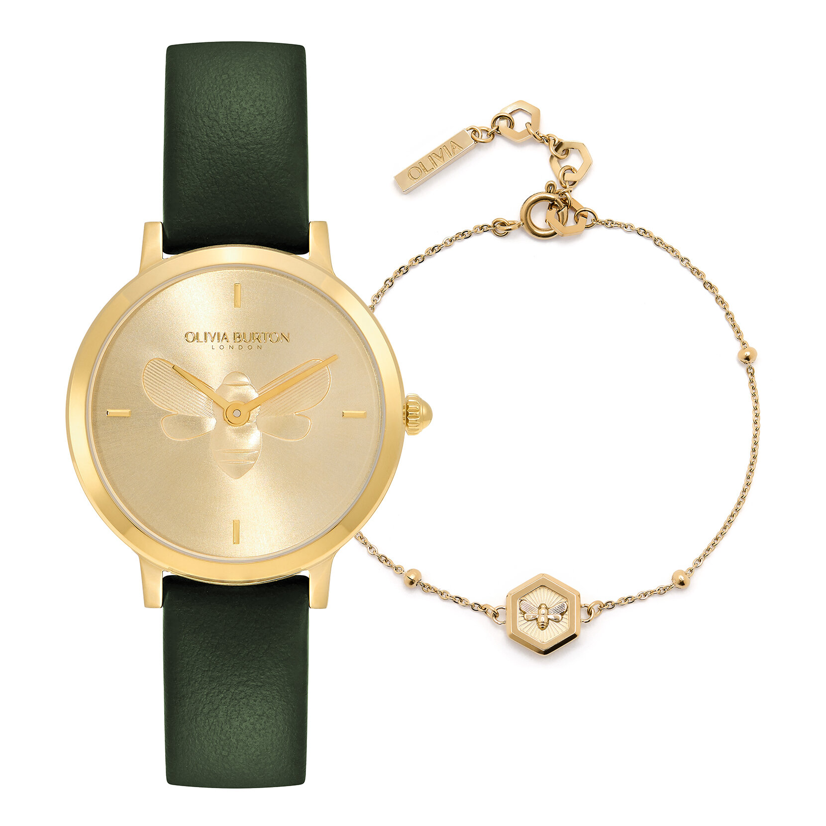 28mm Bee Ultra Slim Gold & Green Leather Strap Watch & Minima Bee Bracelet Gift Set