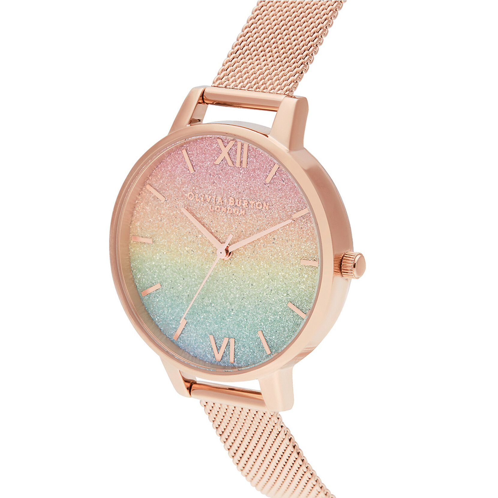 Cadran Rainbow Glitter et bracelet milanais or rose