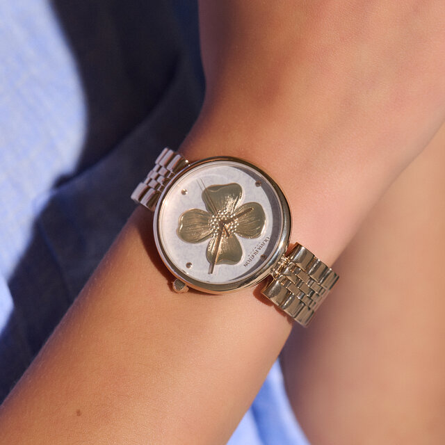Montre Fleur de cornouiller avec fermoir en T et bracelet Blanc et Or rose 36 mm