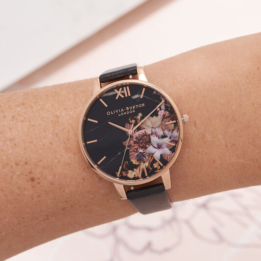 Marble Floral Black & Rose Gold Watch