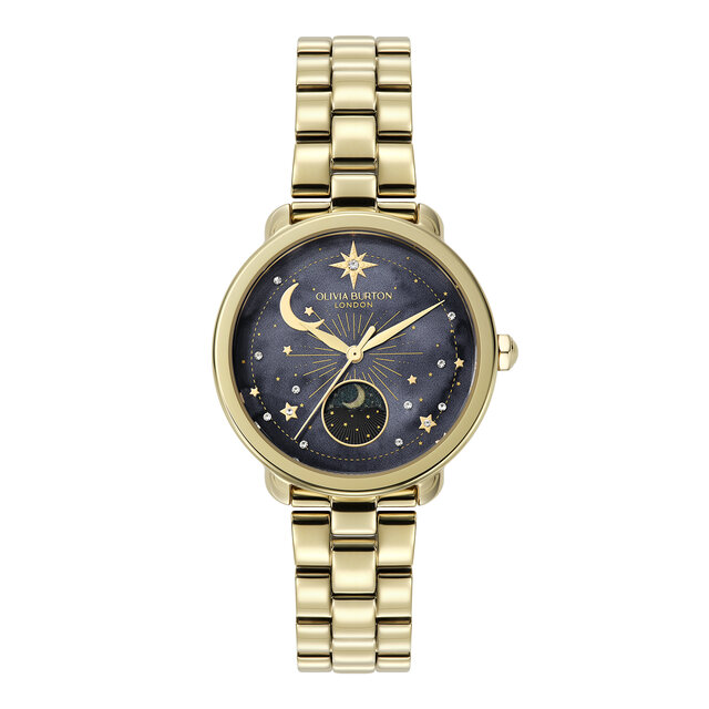 34mm Moon Phase Black & Gold Bracelet Watch