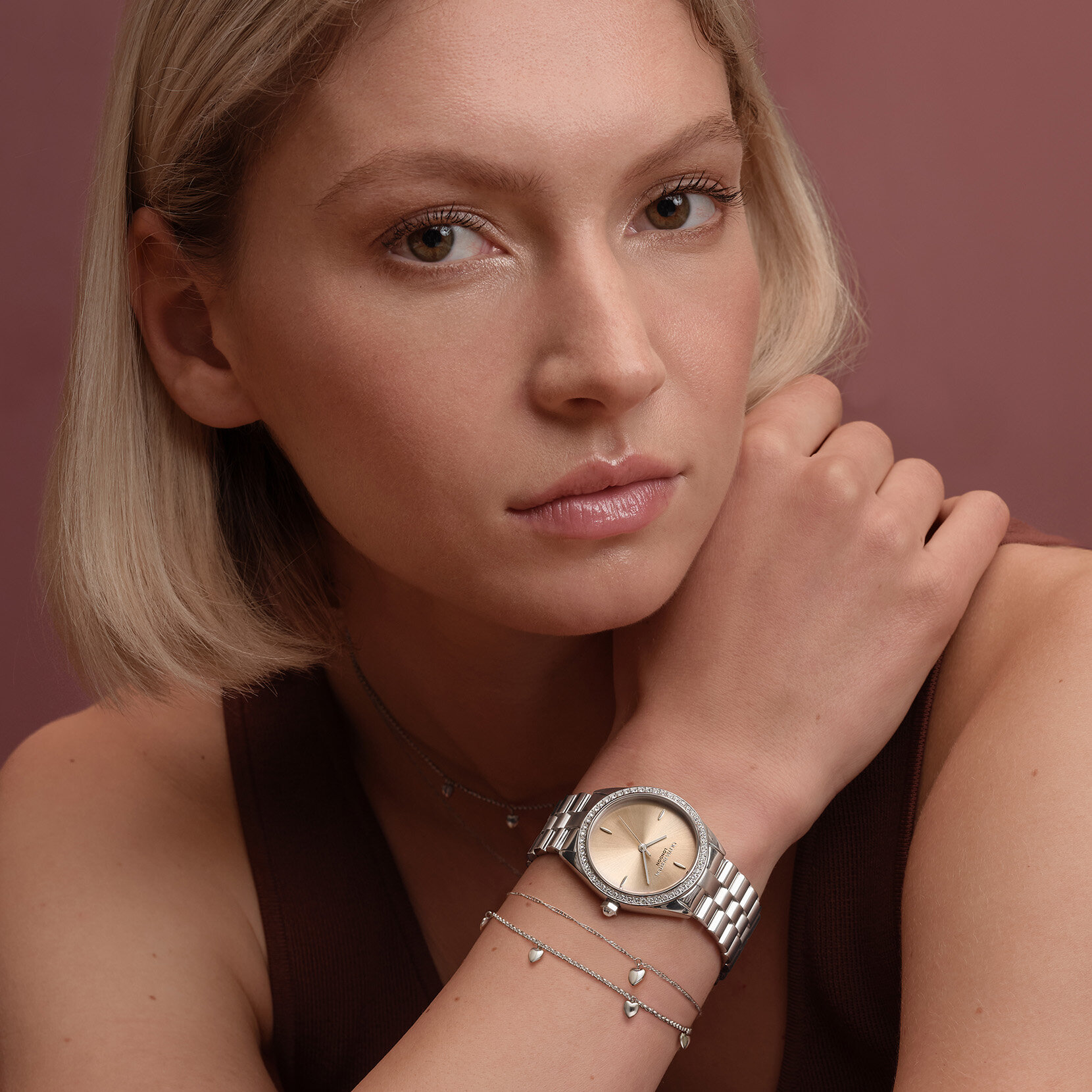 34mm Bejewelled Trench Coat & Silver Bracelet Watch