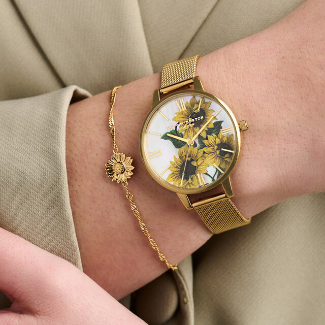 34mm White & Gold Mesh Watch & Sunflower Bracelet Gift Set