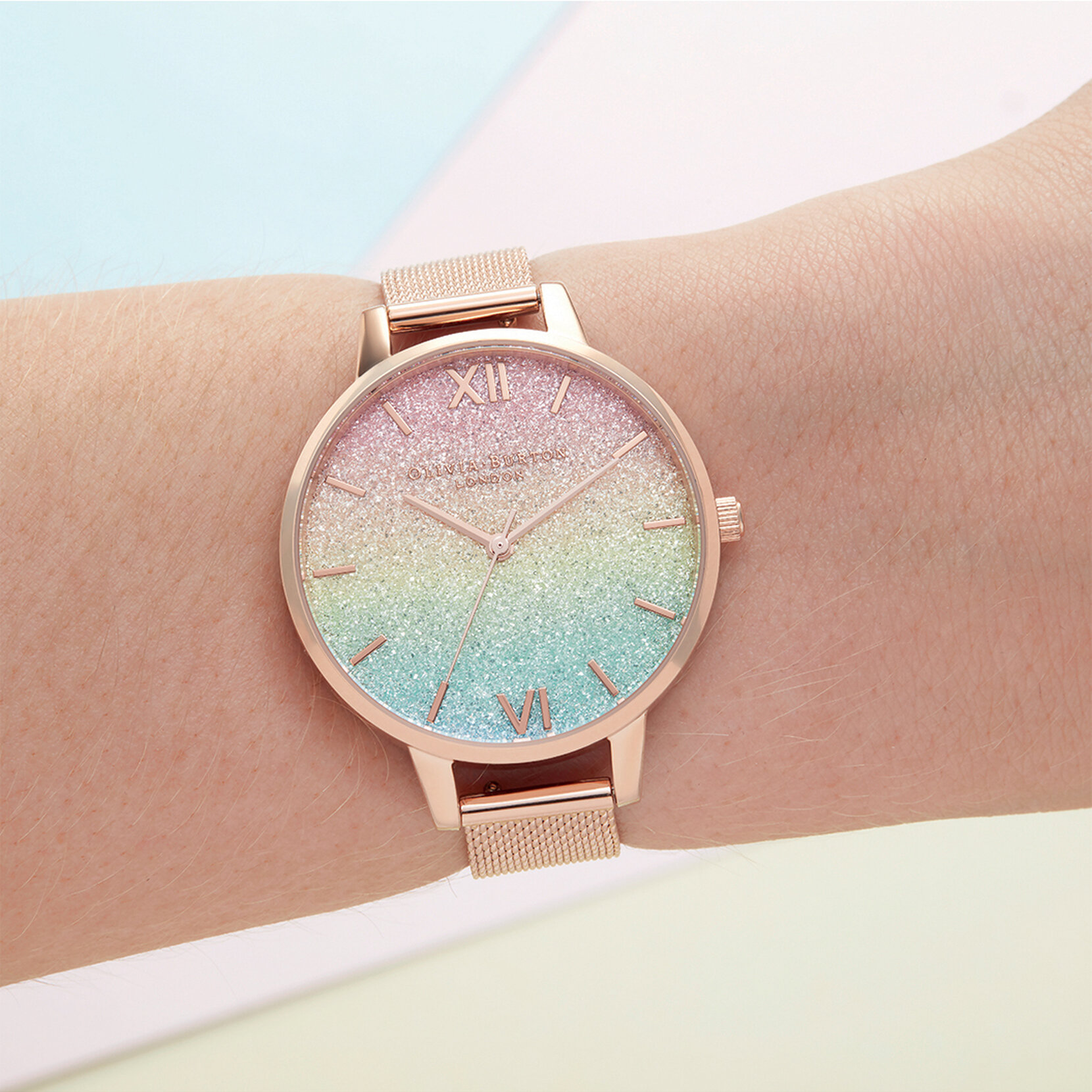Cadran Rainbow Glitter et bracelet milanais or rose