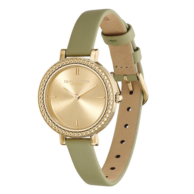 30mm Vintage Bead Gold & Sage Green Leather Strap Watch